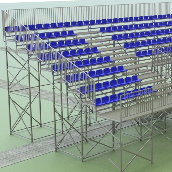 Stående tribun med TZ-säten i plast på en upphöjd plattform