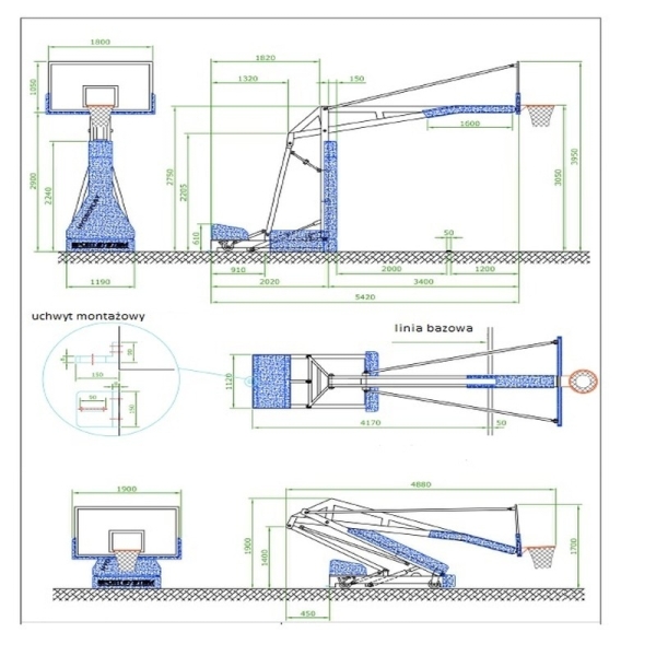 HYDROPLAY OFFICIAL túlfutó kosár, hidraulikusan összecsukható kézzel